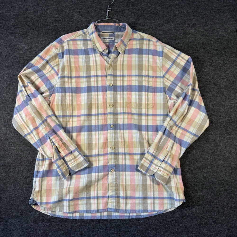 TOMMY BAHAMA SHIRT MENS SZ XL BLUE PINK BEIGE PLAID BRUSHED COTTON